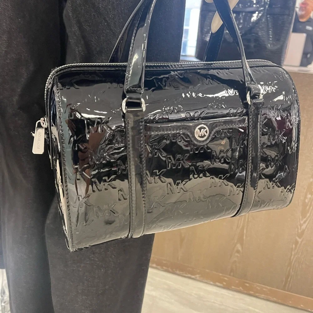 MICHAEL KORS Jet Set Medium Patent Logo Debossed Duffel Crossbody Bag Silver NWT